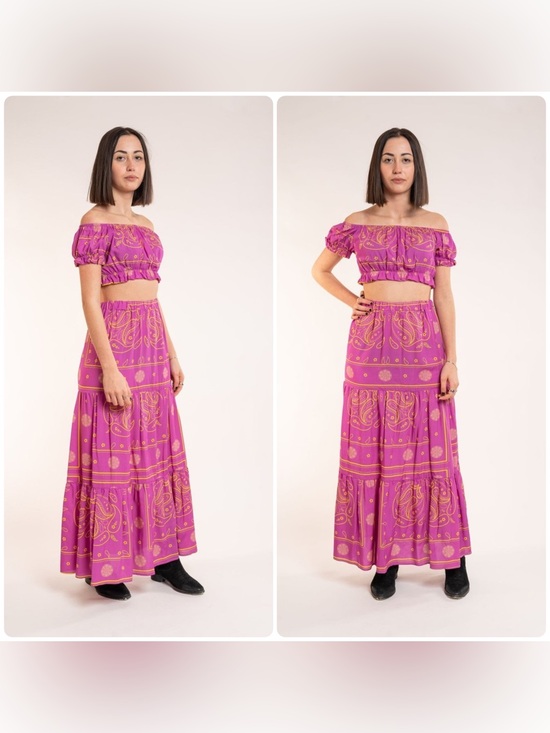 Benevierre Dresses & Skirts - New! Benevierre Boho Fuchsia + Yellow Paisley Tiered Maxi Skirt  + Top 💕 XS Set